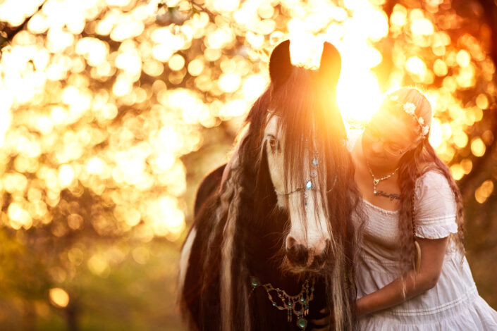 Pferd und Mensch romantisch im Abendlicht Sonnenuntergang